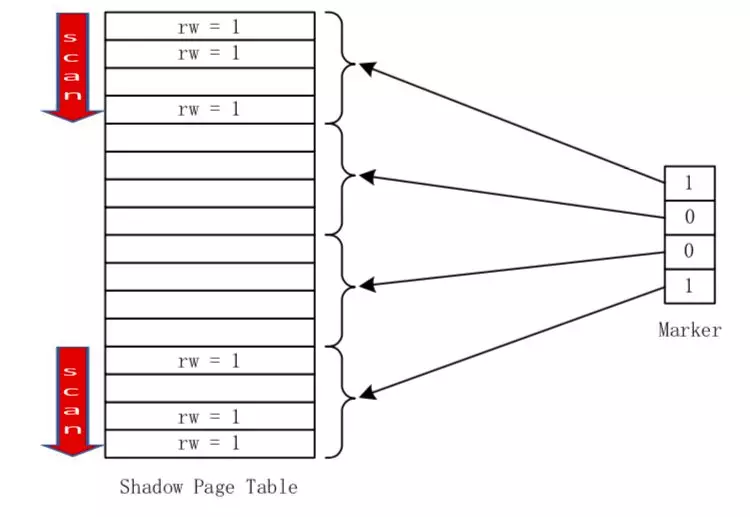 Fig. 3.1 Selectively check shadow page table entries by the marker and revoke write permissions at the beginning of each epoch.